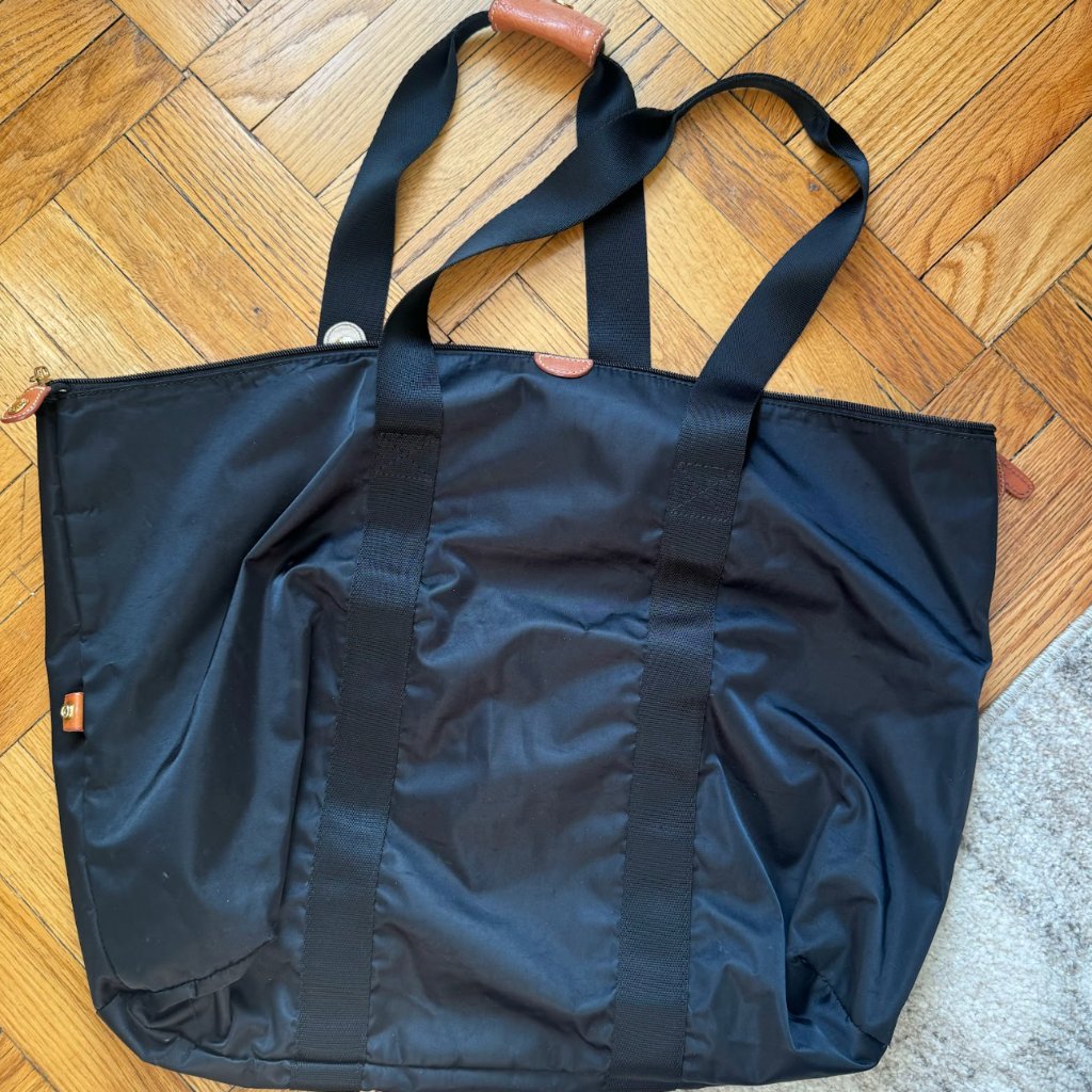 Bric’s Boutique Oversized Black Nylon Tote Bag With Tan Leather Trim And Dual To